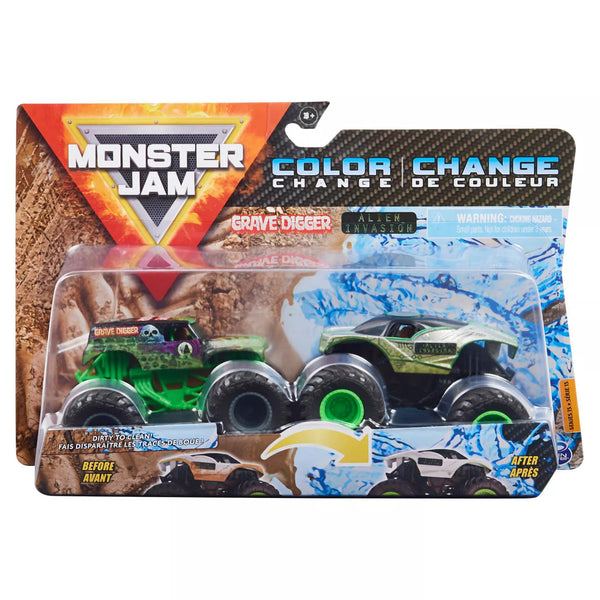 SPIN MASTER MONSTER JAM 6055949XX COLOUR CHANGE 1/64 SCALE DIECAST TOY TRUCKS 2PK GRAVE DIGGER AND ALIEN INVASION