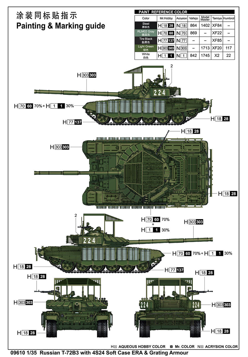 TRUMPETER 09610 RUSSIAN T-72B3 WITH 4S24 SOFT CASE ERA AND GRATING ARMOUR 1/35 SCALE PLASTIC MODEL KIT