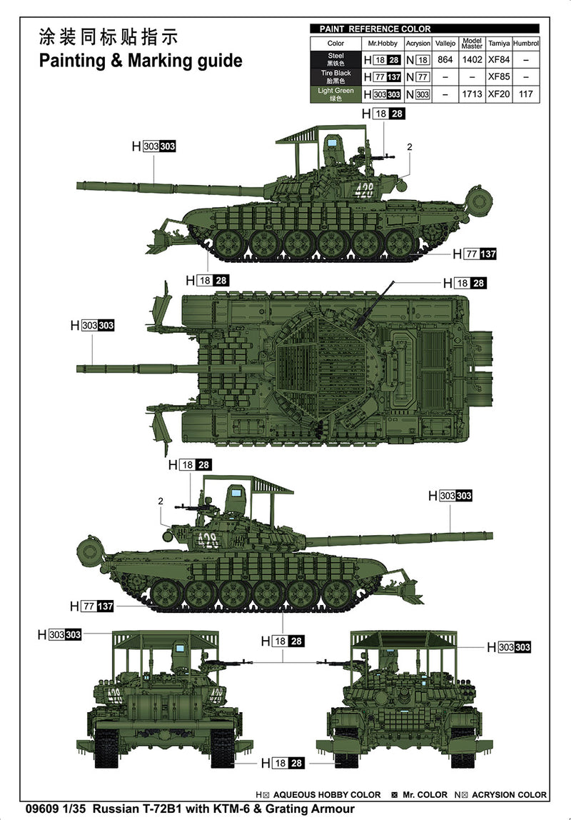 TRUMPETER 09609 RUSSIAN T-72B1 WITH KTM-6 AND GRATING ARMOUR 1/35 SCALE PLASTIC MODEL KIT