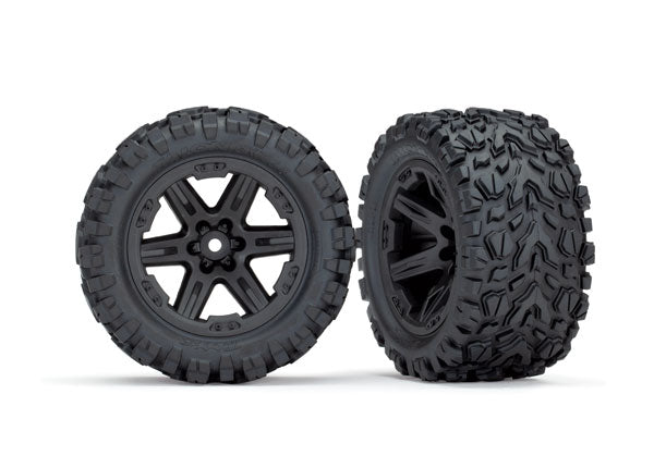 TRAXXAS 6773 TIRES AND RIMS PAIR ASSEMBLED GLUED 2.8" RXT BLACK WHEELS TALON EXTREME TIRES AND FOAM INSERTS 12MM HEX FOR RUSTLER RC CAR WHEELS