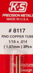 K&S 8117 COPPER ROUND TUBE 1/16 X .014 3 PIECES