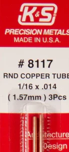 K&S 8117 COPPER ROUND TUBE 1/16 X .014 3 PIECES