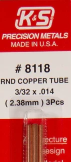 K&S 8118 COPPER ROUND TUBE 3/32 X .014 3 PIECES