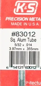 K&S 83012 SQUARE ALUMINIUM TUBE 3.97MM X .355MM