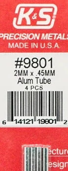 K&S 9801 ALUMINIUM TUBE 2MM X .45MM 4 PIECES