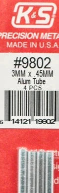 K&S 9802 ALUMINIUM TUBE 3MM X .45MM 4 PIECES