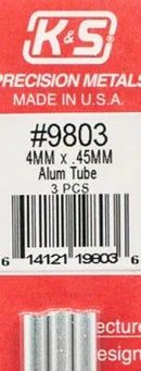 K&S 9803 ALUMINIUM TUBE 4MM X .45MM 3 PIECES