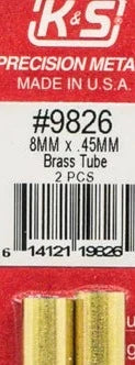 K&S 9826 BRASS TUBE 8MM X .45MM 2 PIECES