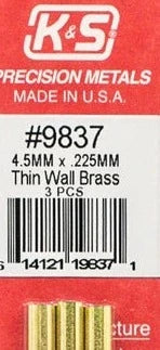 K&S 9837 4.5MM X .225MM THIN WALL BRASS 3 PIECES