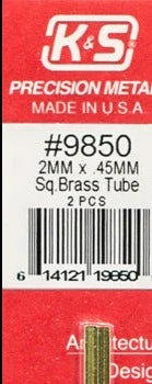 K&S 9850 SQUARE BRASS TUBE 300MM LENGTHS 2MM X 2MMX0.45MM WALL (2 PIECES)