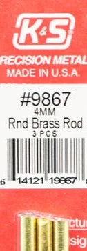 K&S 9867 ROUND BRASS ROD 4MM 3 PIECES 300MM LENGTHS