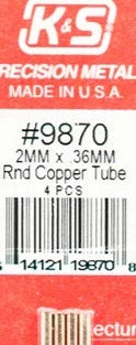 K&S 9870 ROUND COPPER TUBE 2MM X .36MM 4 PIIECES