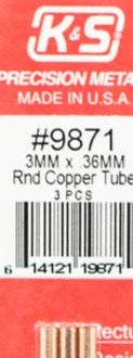 K&S 9871 ROUND COPPER TUBE 3MM X .36MM 3 PIECES