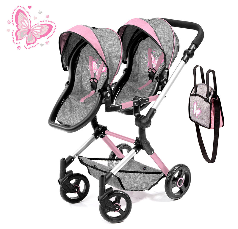 BAYER NEO TWIN PRAM- GRAY AND PINK WITH BUTTERFLY MOTIF