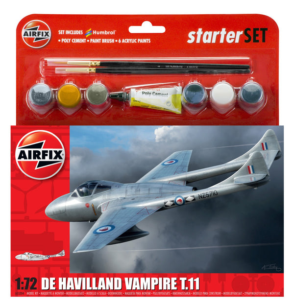 AIRFIX A55204 DE HAVILLAND VAMPIRE T.11 1:72  STARTER PLASTIC MODEL KIT - PAINT/BRUSH/CEMENT INCLUDED