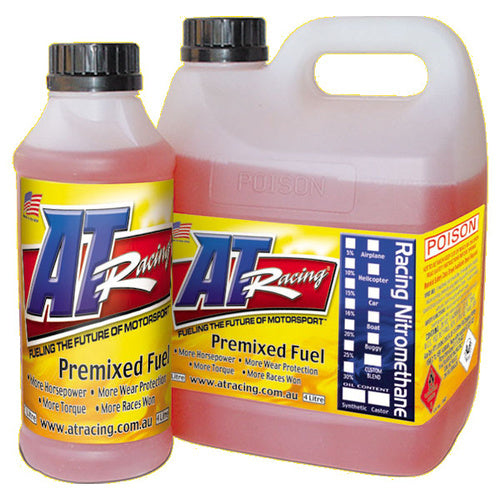 AT RACING PRE MIXED RC CAR FUEL 4L 10% SYNTHETIC OIL 5% CASTOR OIL AND NITRO 25% 4 LITRES