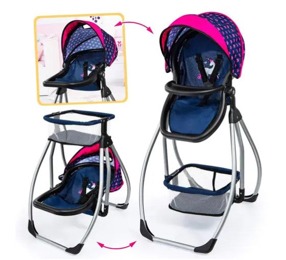 BAYER TRIO 3 IN 1 CONVERTIBLE HIGHCHAIR - BED - SWING DARK BLUE WITH PINK HEARTS AND UNICORN