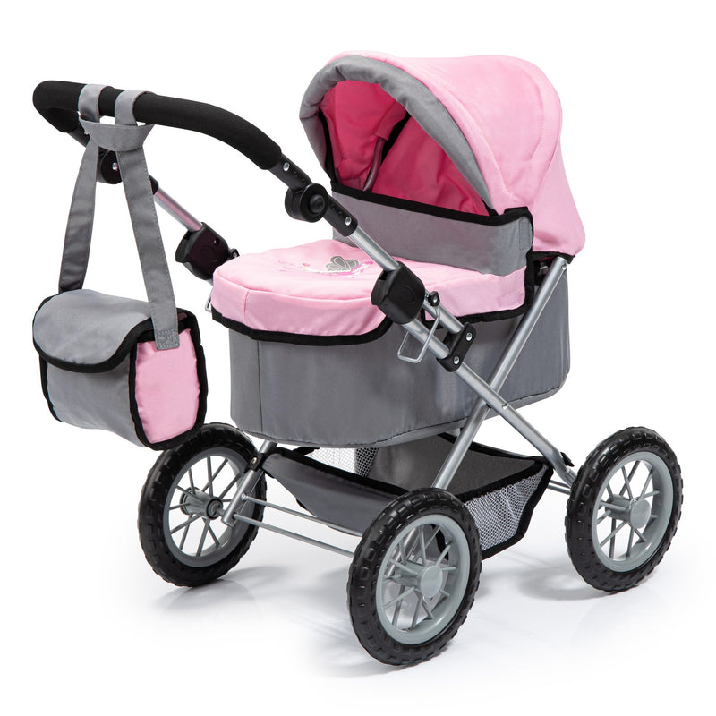 BAYER TRENDY DOLL PRAM GREY AND PINK WITH FAIRY INCLUDES BABY BAG