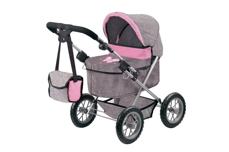 BAYER TRENDY DOLL PRAM GREY AND PINK WITH BUTTERFLY