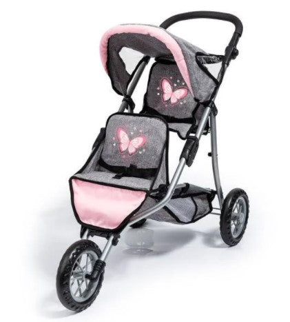 BAYER GREY AND PINK BUTTERFLY TWIN TRIKE DOLL JOGGER PRAM