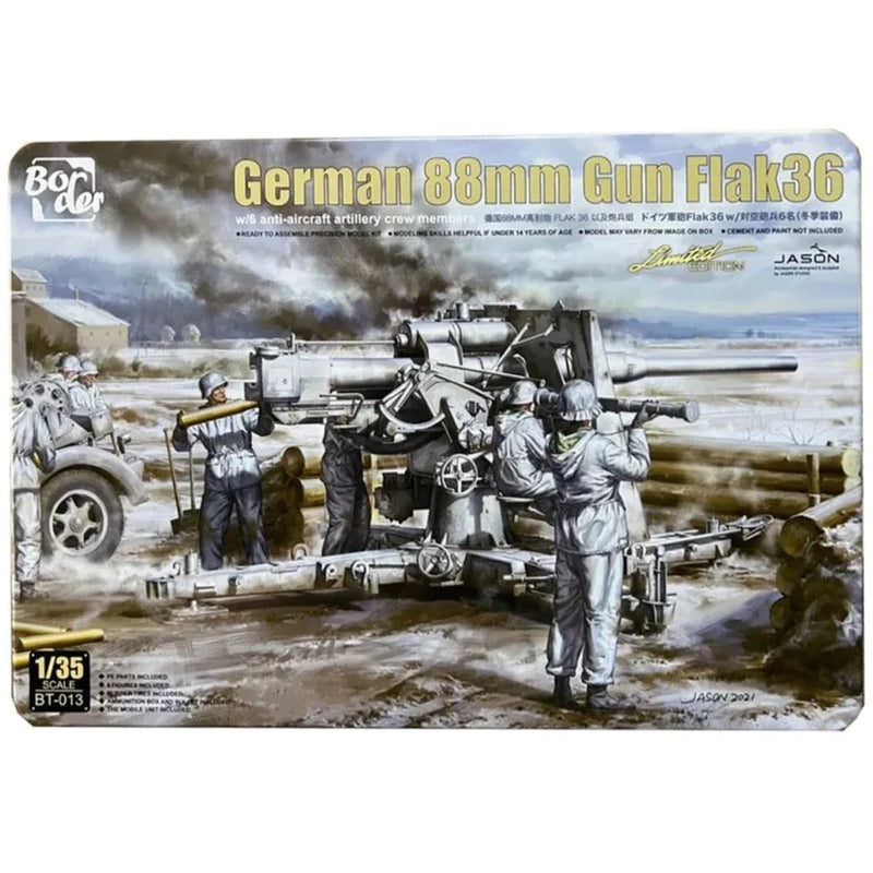 BORDER BT-013 GERMAN 88MM GUN FLAK36 WITH 6 ANTI-AIRCRAFT ARTILLERY CREW MEMBERS 1/35 SCALE PLASTIC MODEL KIT