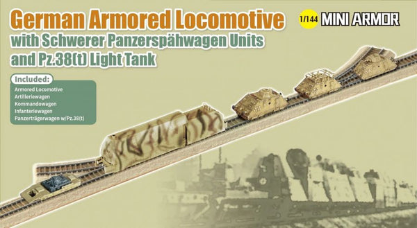 DRAGON 14151 GERMAN ARMORED LOCOMOTIVE WITH SCHWERER PANZERSPAHWAGEN UNITS 1/144 SCALE PLASTIC MODEL KIT