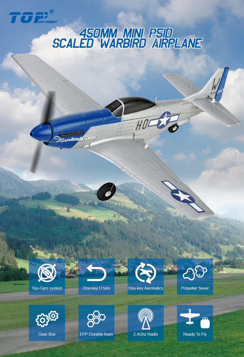 TOP RC TOP097B MINI P51D MODE 2 450MM WINGSPAN SCALE WARBIRD READY TO FLY WITH BATTERY AND TRANSMITTER 6-AXIS GYRO ONE-KEY AEROBATICS DURABLE EPP REMOTE CONTROL PLANE