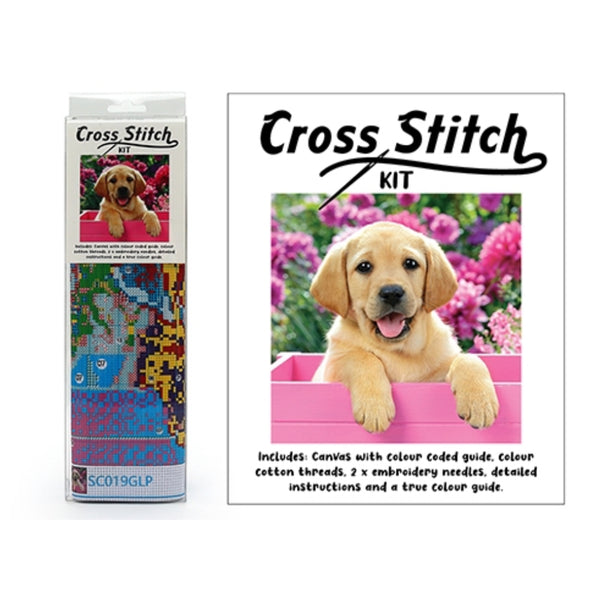 CROSS STITCH GOLDEN LABRADOR PUPPY EMBROIDERY PICTURE ART KIT 30CM X 30CM