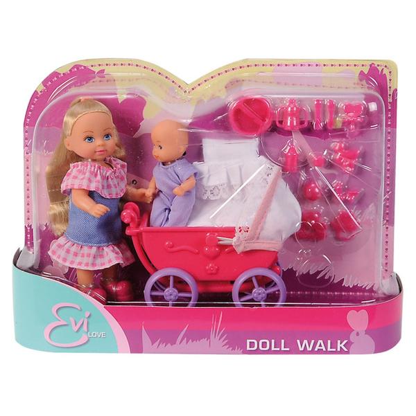 SIMBA EVI LOVE DOLL WALK WITH PINK PRAM AND ACCESSORIES PLAYSET 12CM