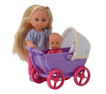 SIMBA EVI LOVE DOLL WALK WITH PURPLE PRAM AND ACCESSORIES PLAYSET 12CM