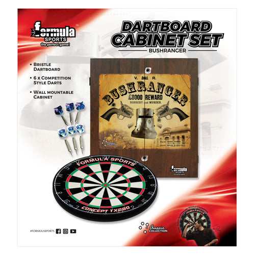 FORMULA SPORTS BUSHRANGER CABINET SET - INCLUDES BRISTLE DARTBOARD AND 6X BRASS DARTS