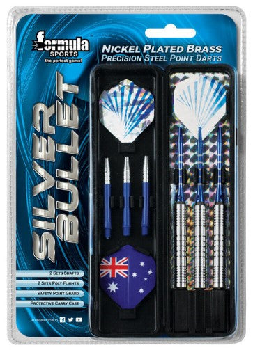 FORMULA SPORTS SILVER BULLET 24 GRAM NICKEL PLATED BRASS PRECISION STEEL POINT DARTS IN CARRY CASE