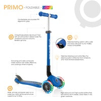 GLOBBER PRIMO 121MM ADJUSTABLE FOLDABLE LIGHTS SCOOTER WITH ANODISED TBAR -  NAVY BLUE
