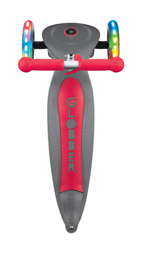 GLOBBER PRIMO 121MM ADJUSTABLE FOLDABLE LIGHTS SCOOTER WITH ANODISED TBAR - GREY/RED