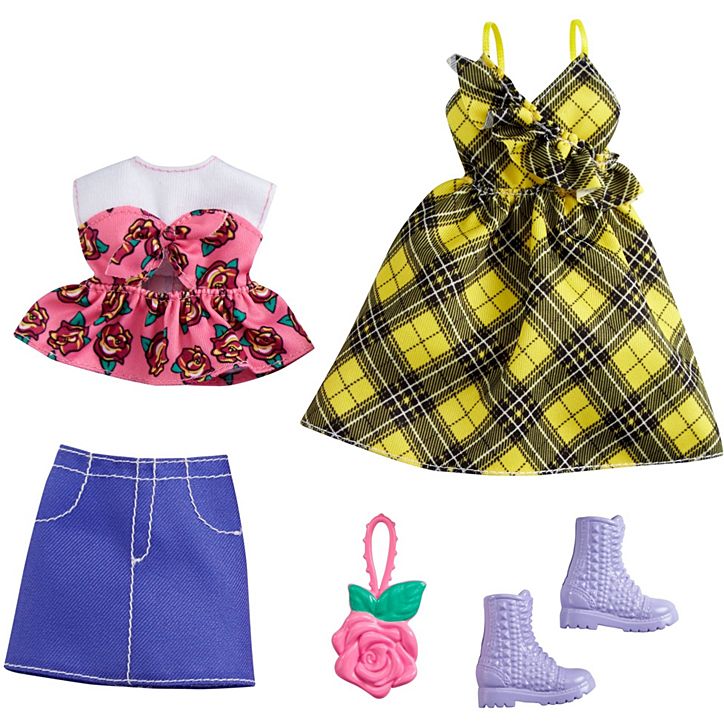 BARBIE FASHIONS 2 PACK CLOTHING SET - YELLOW PLAID DRESS FLORAL TOP DENIM SKIRT AND ACCESSORIES
