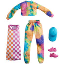 BARBIE FASHIONS 2 PACK CLOTHING SET - TIE DYE JOGGERS AND SWEATSHIRT CHECKED DRESS ABD ACCESSORIES