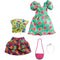 BARBIE FASHIONS 2 PACK CLOTHING SET - WATERMELON PRINT DRESS FLORAL SKIRT TROPICAL TANK TOP AND ACCESSORIES