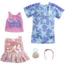 BARBIE FASHIONS 2 PACK CLOTHING SET - STAR PRINT DRESS IRIDESCENT SKIRT GRAPHIC TANK TOP AND ACCESSORIES