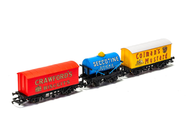 HORNBY R6990 RETRO WAGONS THREE PACK CRAWFORDS BISCUITS COLMANS MUSTARD SECCOTINE TANKER