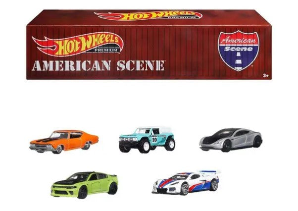 HOT WHEELS PREMIUM CAR CULTURE AMERICAN SCENE DIECAST CONTAINER COLLECTOR SET - CORVETTE C8R - 69 CHEVELLE SS 396 - FORD BRONCO R - 20 DIDGE CHARGER HELLCAT - TESLA ROADSTER - 5 PK