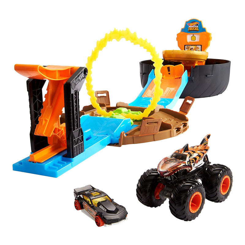 HOT WHEELS MONSTER TRUCKS STUNT TIRE WITH TIGER SHARK AND DRIFT ROD PLAYSET