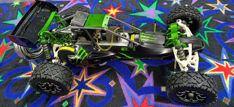 ROVAN 320AG01 BAJA 5B BUGGY 32CC CNC AND NYLON BLACK AND GREEN MONSTER WITH ALLOY RIMS AND VICTORY TUNED PIPE RTR GT3B CONTROLLER