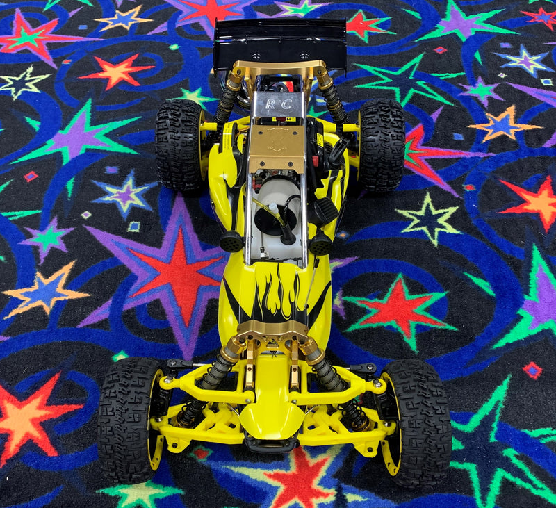 ROVAN 360AG04 YELLOW/GOLD 36CC BAJA 5B BUGGY WITH DOMINATOR TUNED EXHAUST PIPE, SYMETRICAL STEERING AND GT3B CONTROLLER READY TO RUN GAS POWERED RC CAR