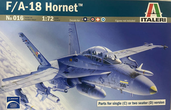 ITALERI 016 F/A-18C/D HORNET SINGLE OR TWO SEAT VERSIONS 1/72 SCALE PLASTIC MODEL KIT