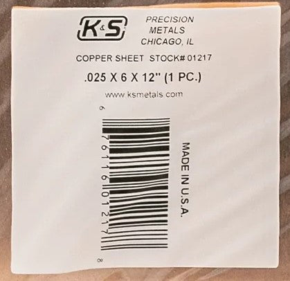 K&S 01217 COPPEER SHEET .025 X 6 X 12