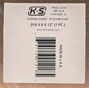 K&S 01218 COPPER SHEET .016 X 6 X12 1 PIECE