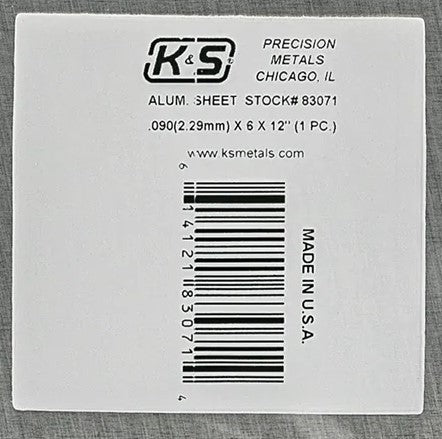 K&S 83071 ALUMINIUM SHEET .09 X 6 X 12 ( 2.29MM ) 1 PIECE
