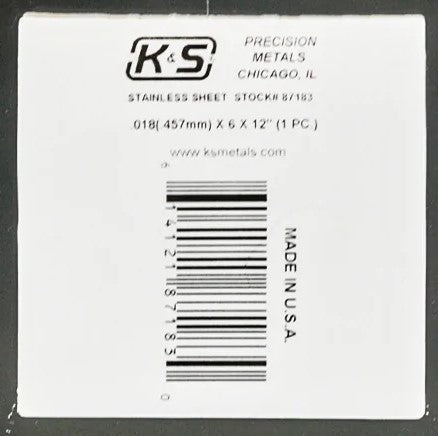 K&S 87183 STAINLESS STEEL SHEET .018 X 6 X 12 ( .457 X 150 X 300MM )