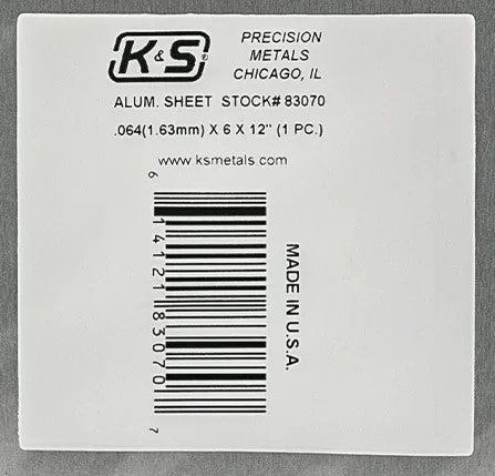 K&S 83070 ALUMINIUM SHEET .064 X 6 X 12 ( 1.57MM ) I PIECE