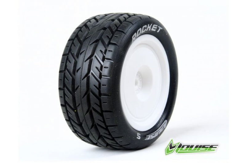 LOUISE WORLD L-T3188SWKR E-ROCKET 1/10 BUGGY TYRES MOUNDTED ON WHITE RIMS SOFT COMPOUND KYOSHO HEX 12MM